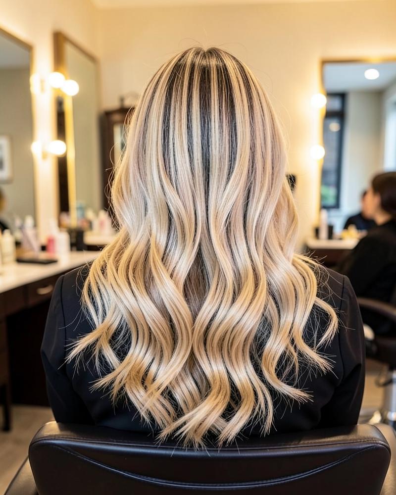 Mechas balayage em cabelo longo ondulado